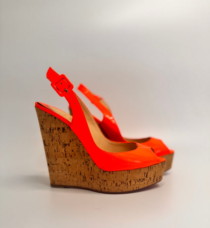 CHRISTIAN LOUBOUTIN Neon Orange Leather Une Plume Cork Wedge Platform Peep Toe Slingback Sandals Size 38