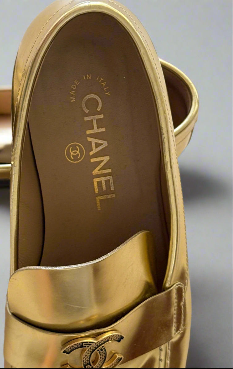 Chanel Metallic Gold Loafers – Size 38.5, Made in Italy | Iconic Luxury Shoes