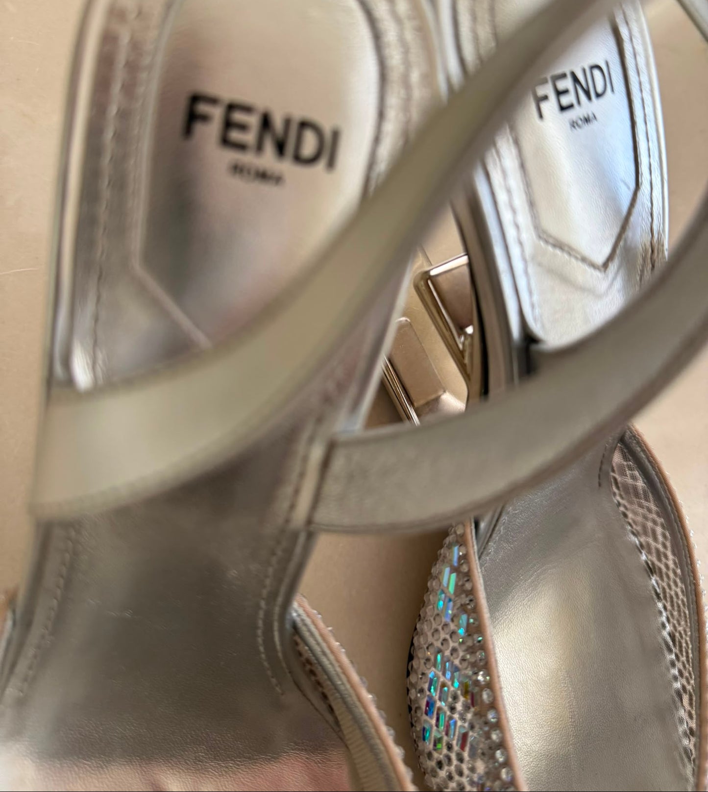 Authentic FENDI Roma Silver Crystal Slingback Pumps Sculptural Metal Heel Size IT 39 Excellent Condition