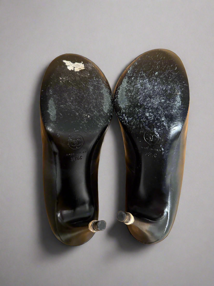 CHANEL Black Leather Pearl Heel Pumps (Size 38.5) | Authentic & Like New