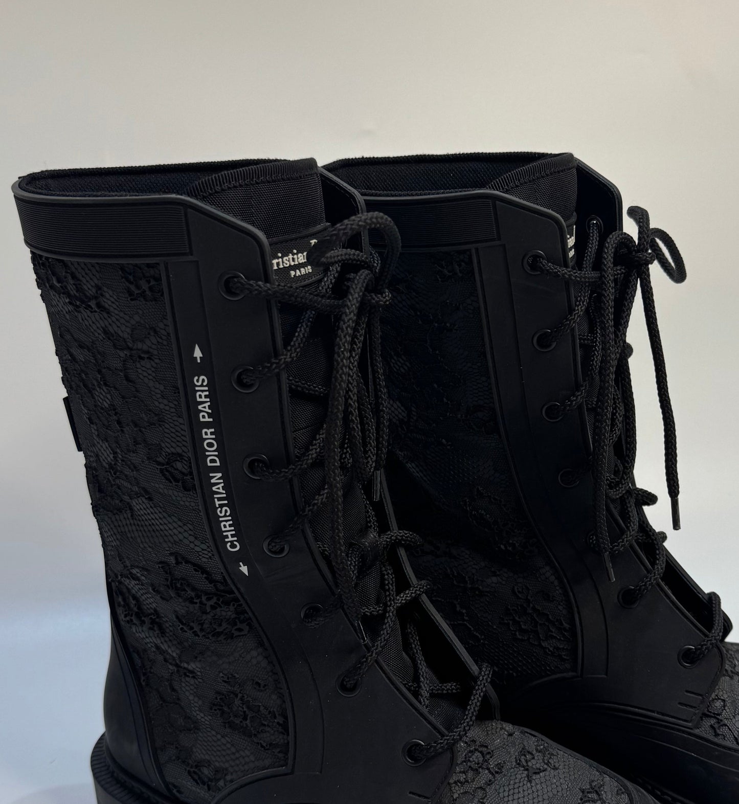 CHRISTIAN DIOR Black Lace Rubber Combat Boots - Size 38 | Excellent Condition