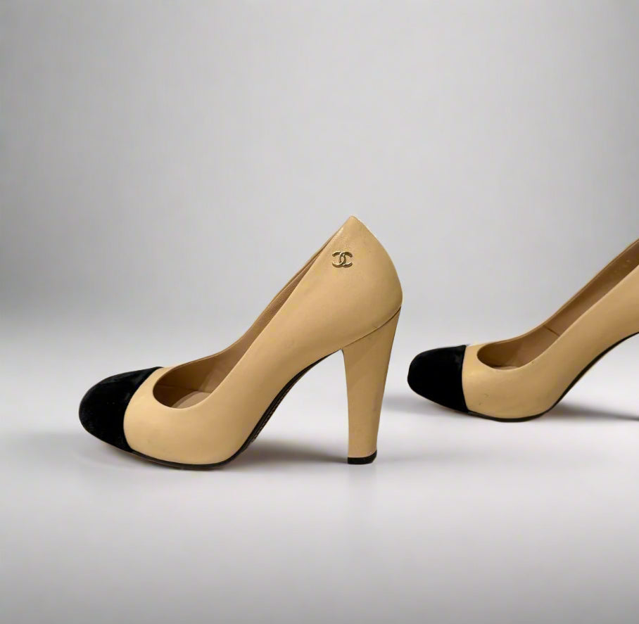 CHANEL Cap-Toe Two-Tone Pumps – Size 38C | Black Velvet & Beige Leather | Luxury Designer Shoes