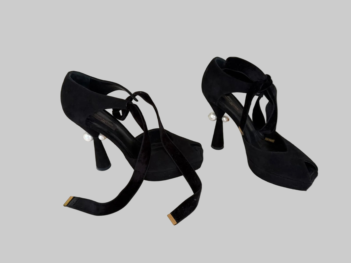 Authentic LOUIS VUITTON black suede pearl heel platform pumps with velvet ankle ties