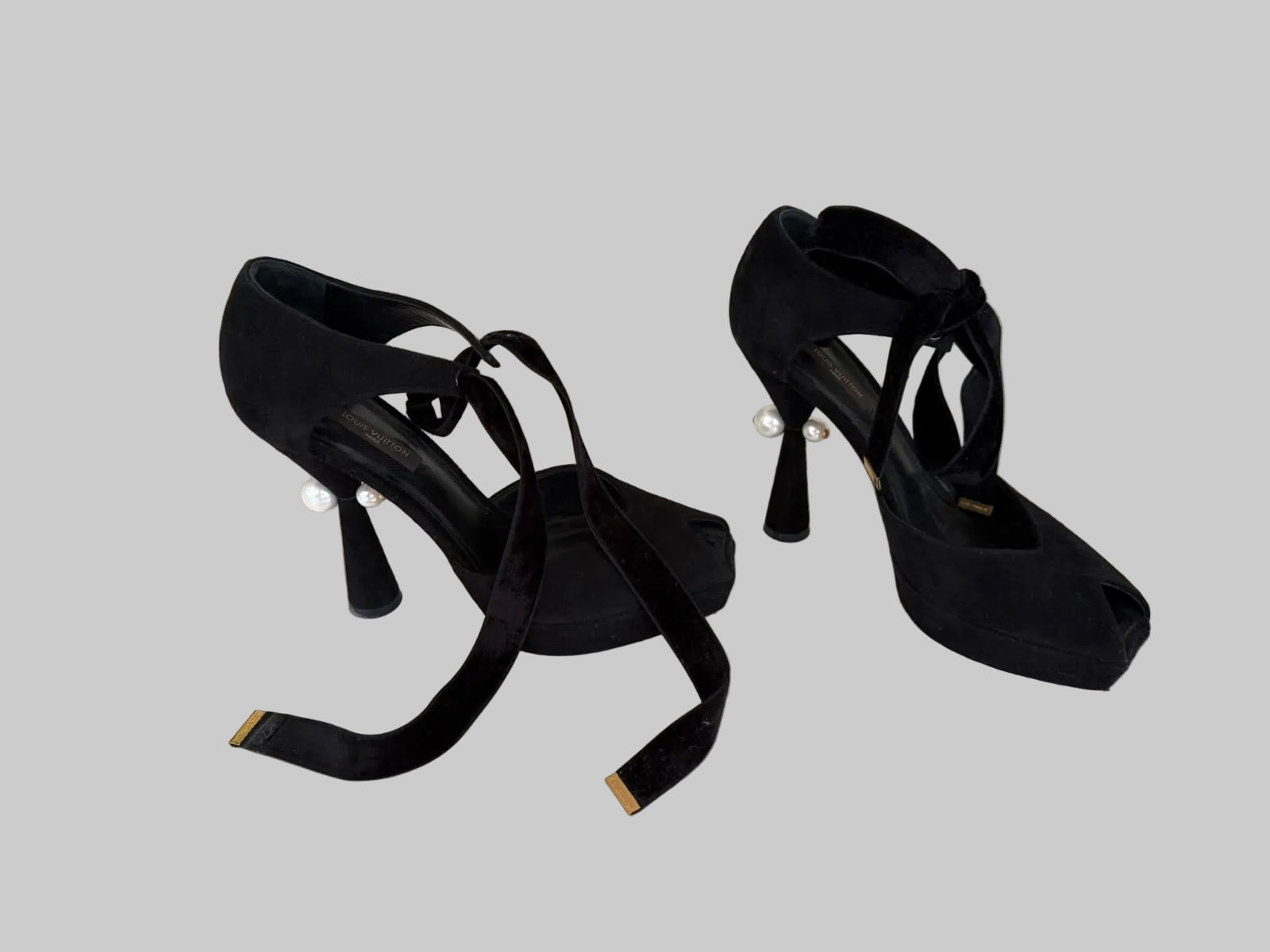 Authentic LOUIS VUITTON black suede pearl heel platform pumps with velvet ankle ties