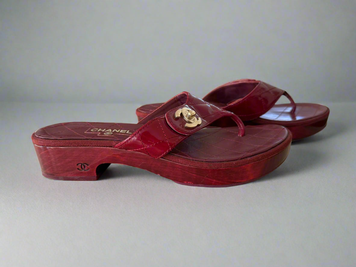 CHANEL Burgundy Leather Platform Sandals – Size 38.5, Made in Italy