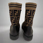 FENDI Black Leather Combat Boots with Knit Stretch Fabric Cuff – Size 37.5 | Very Good Condition