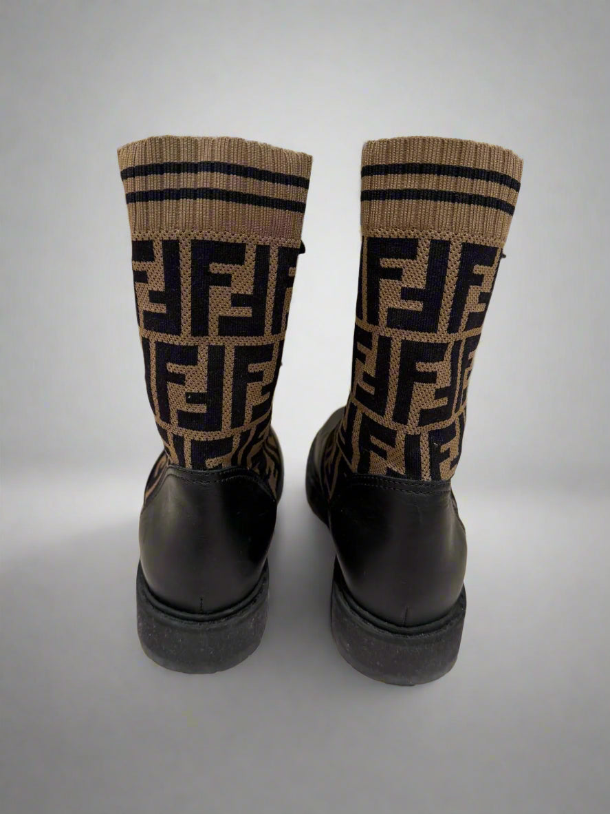 FENDI Black Leather Combat Boots with Knit Stretch Fabric Cuff – Size 37.5 | Very Good Condition