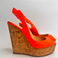 CHRISTIAN LOUBOUTIN Neon Orange Leather Une Plume Cork Wedge Platform Peep Toe Slingback Sandals Size 38