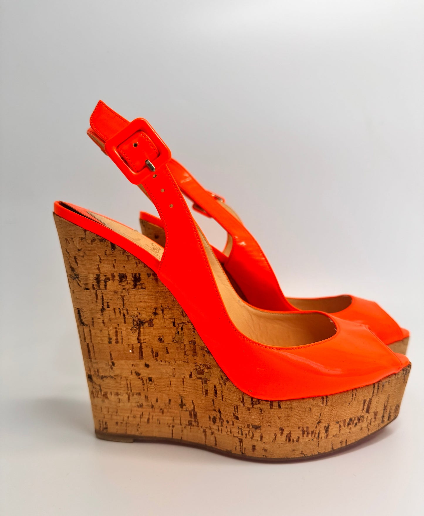 CHRISTIAN LOUBOUTIN Neon Orange Leather Une Plume Cork Wedge Platform Peep Toe Slingback Sandals Size 38