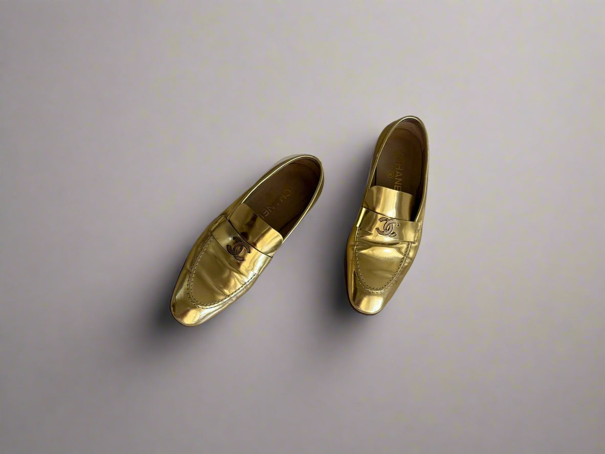 Chanel Metallic Gold Loafers – Size 38.5, Made in Italy | Iconic Luxury Shoes