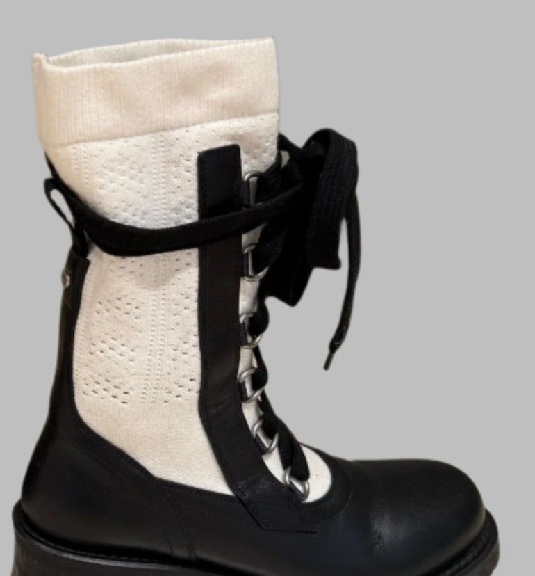 CHRISTIAN DIOR Black Leather & White Knit Lace-Up Combat Boots – Size 38 | Luxury Designer Footwear