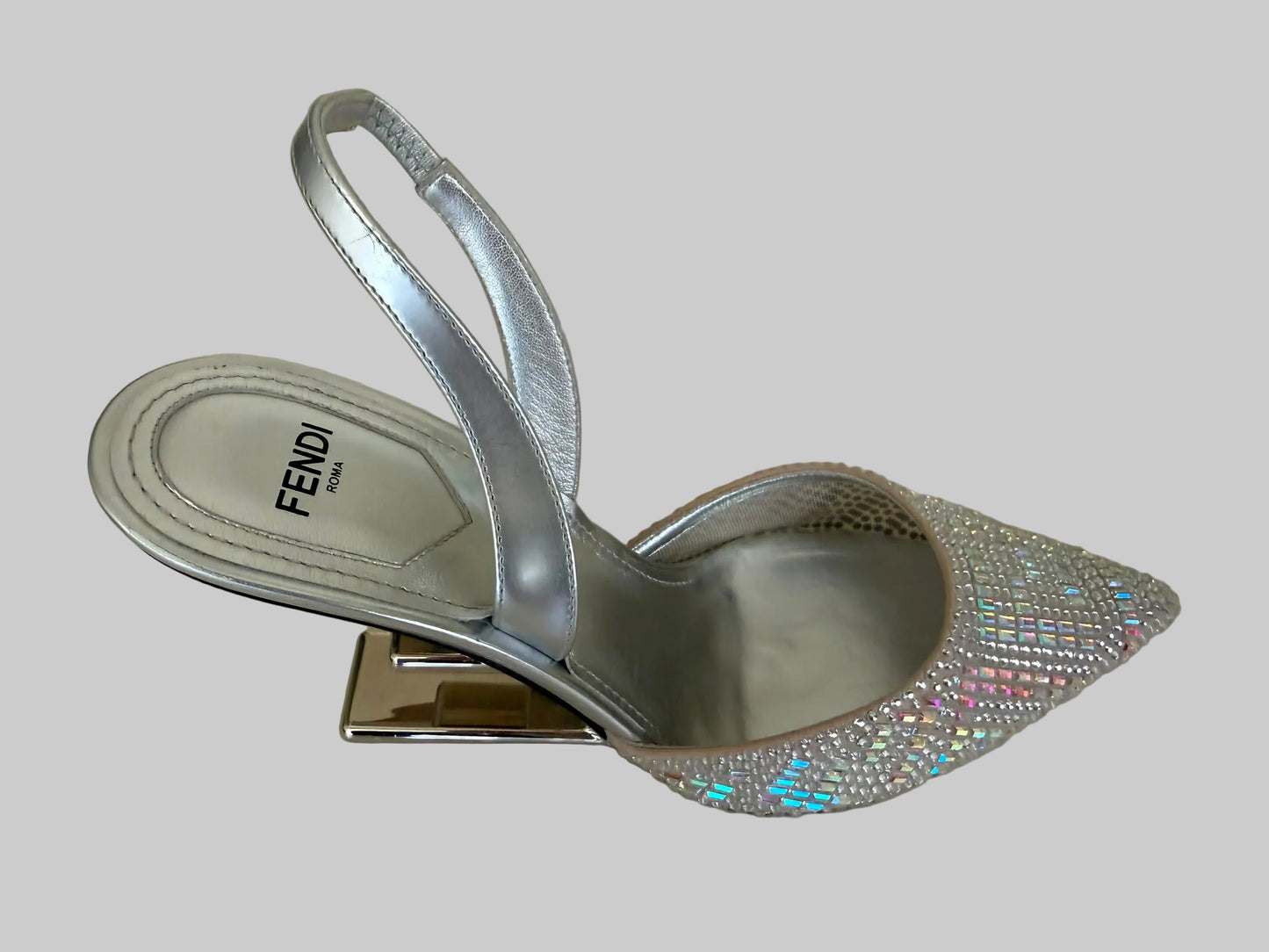 Authentic FENDI Roma Silver Crystal Slingback Pumps Sculptural Metal Heel Size IT 39 Excellent Condition
