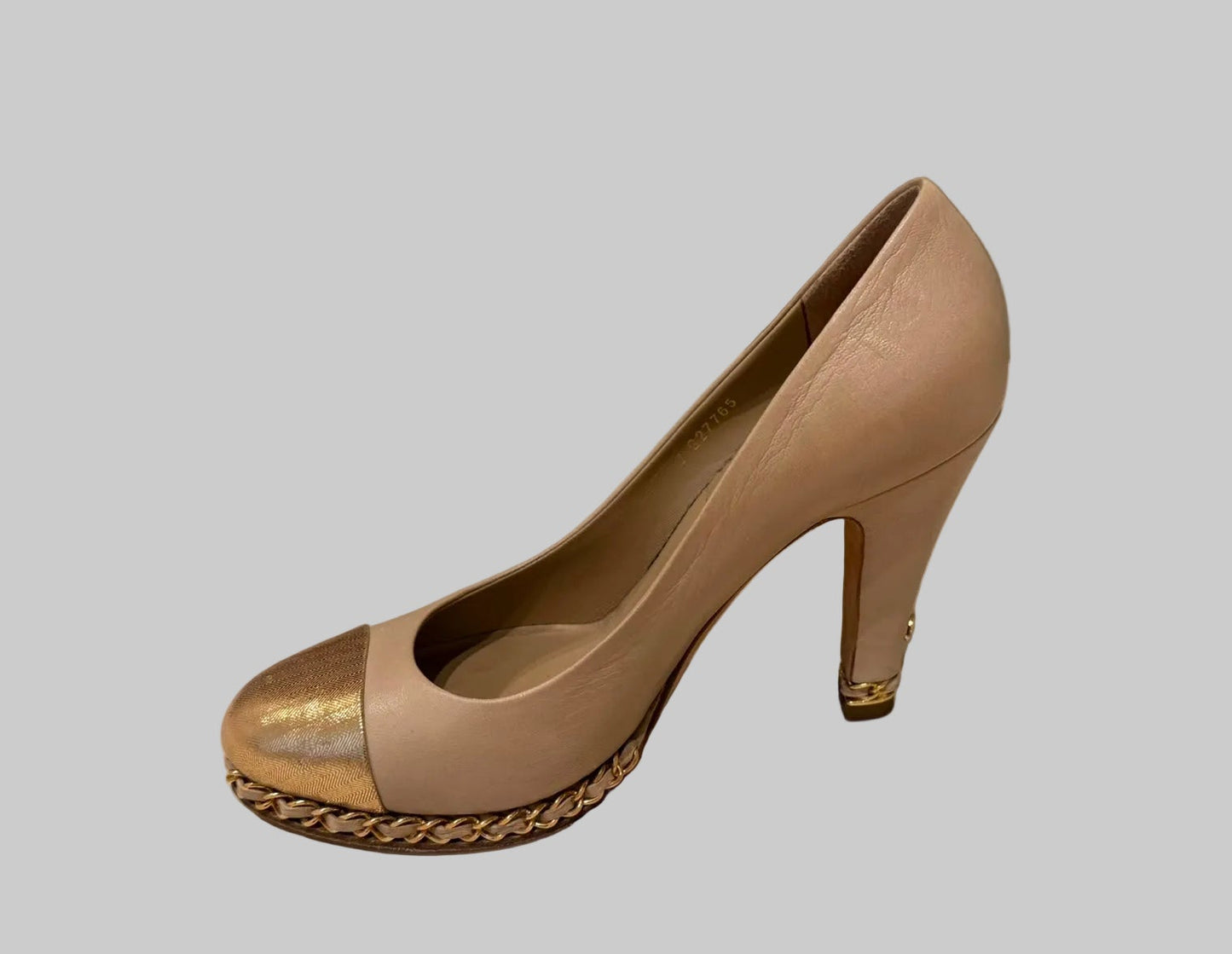 Authentic CHANEL Beige Metallic Gold Leather Cap Toe Chain Pumps IT 38.5 C Excellent Condition