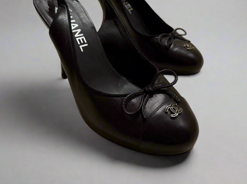 CHANEL Black Leather Slingback Heels 