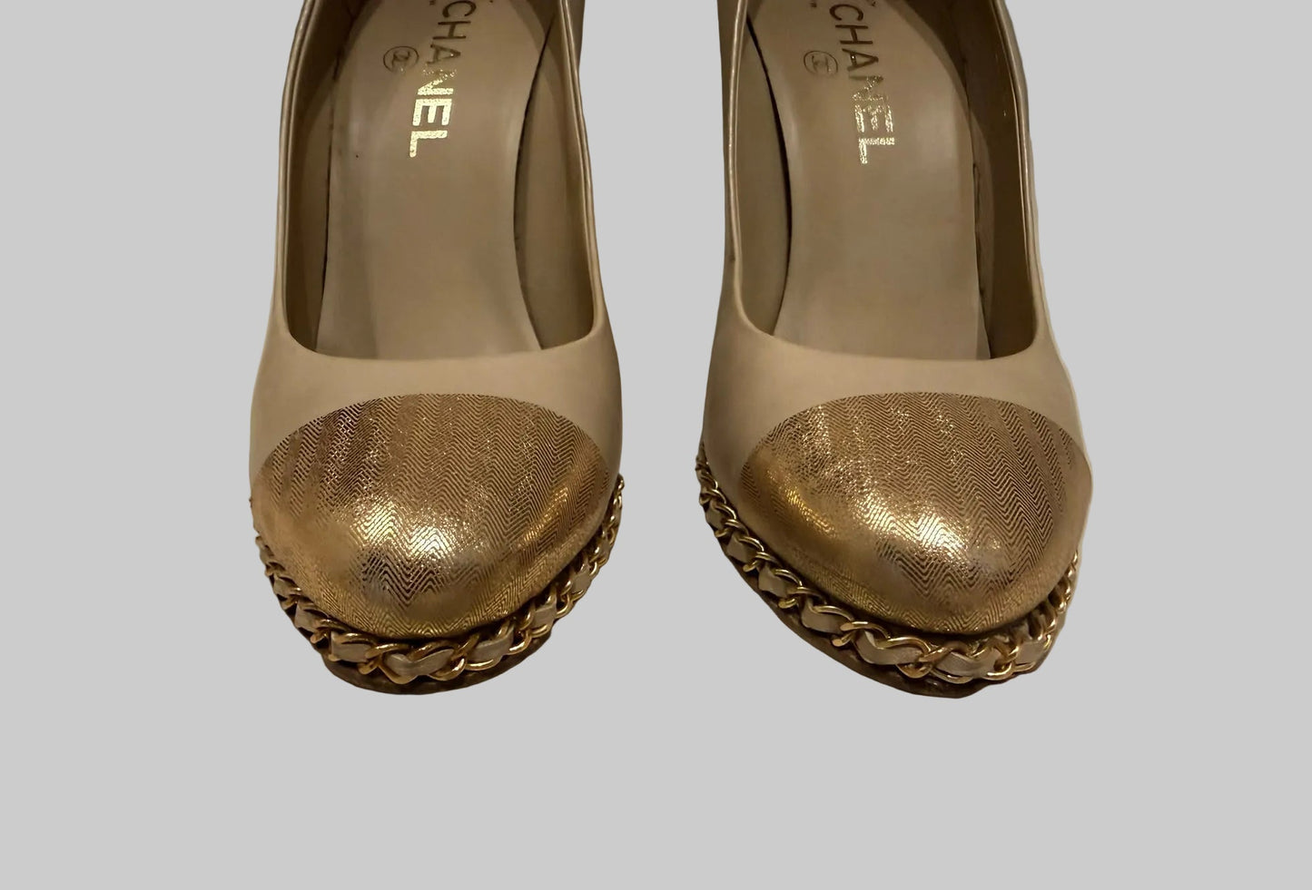 Authentic CHANEL Beige Metallic Gold Leather Cap Toe Chain Pumps IT 38.5 C Excellent Condition