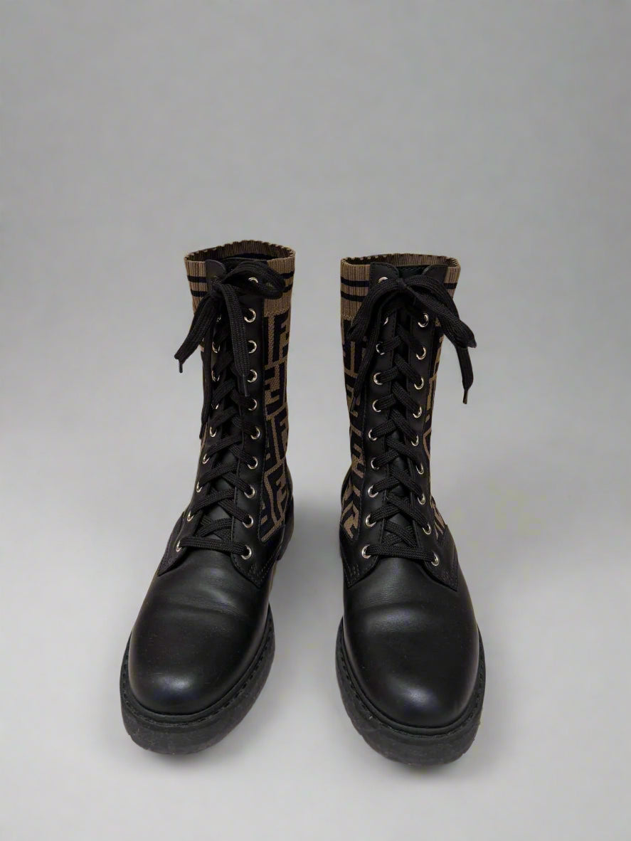 Luxury FENDI Black Leather Combat Boots with Chunky Sole and Knit Stretch Fabric Cuff – Size 37.5