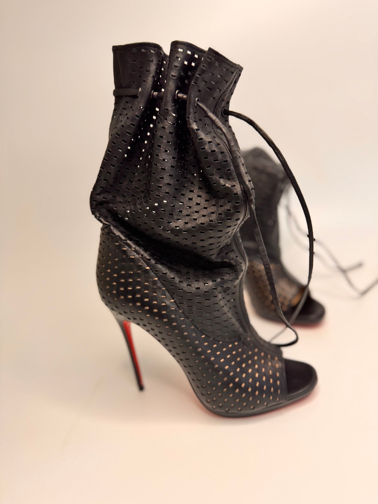 CHRISTIAN LOUBOUTIN Jennifer Perforated Black Leather Boots - New, Size 38