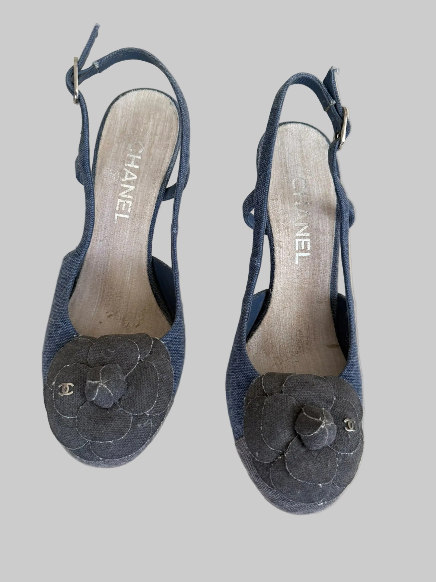 CHANEL Blue Denim Camellia Slingback 