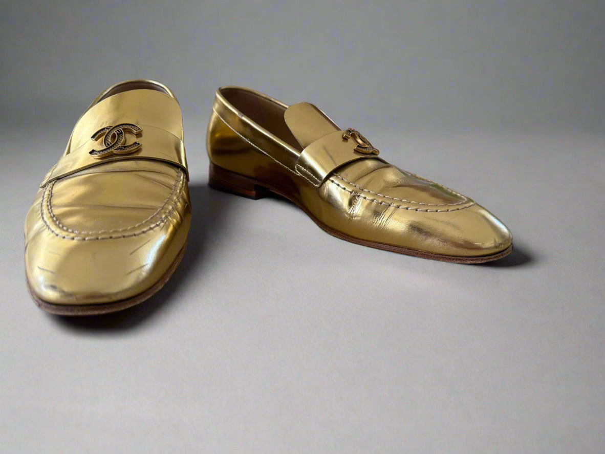 Chanel Metallic Gold Loafers – Size 38.5, Made in Italy | Iconic Luxury Shoes