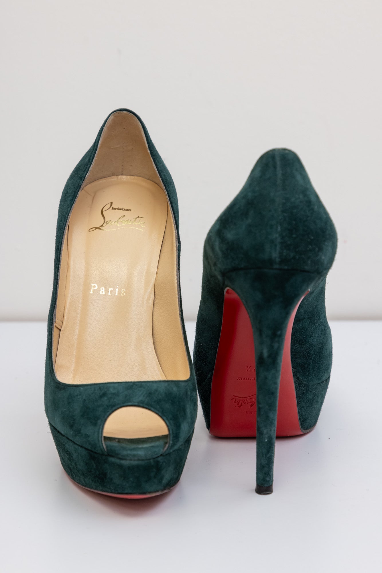 CHRISTIAN LOUBOUTIN Green Suede Red Bottom Open-Toed Pumps