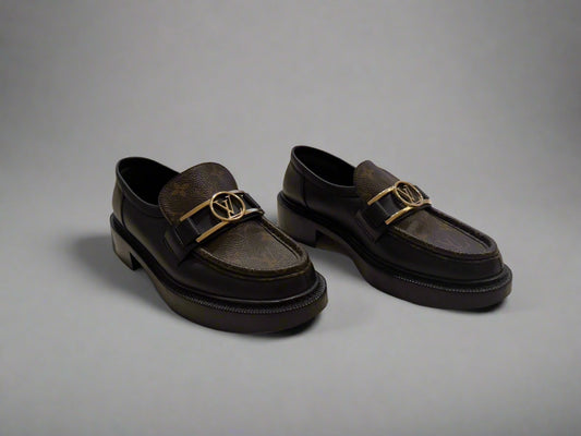 Louis Vuitton Monogram Loafers Size 38 – Black Leather and Monogram Canvas, Gold-Tone Hardware, Made in Italy