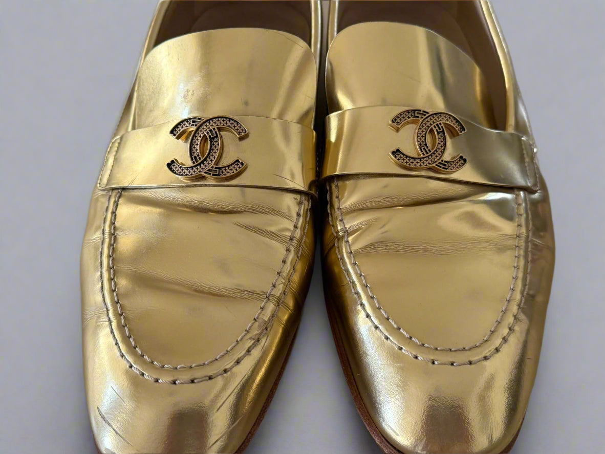 Chanel Metallic Gold Loafers – Size 38.5, Made in Italy | Iconic Luxury Shoes