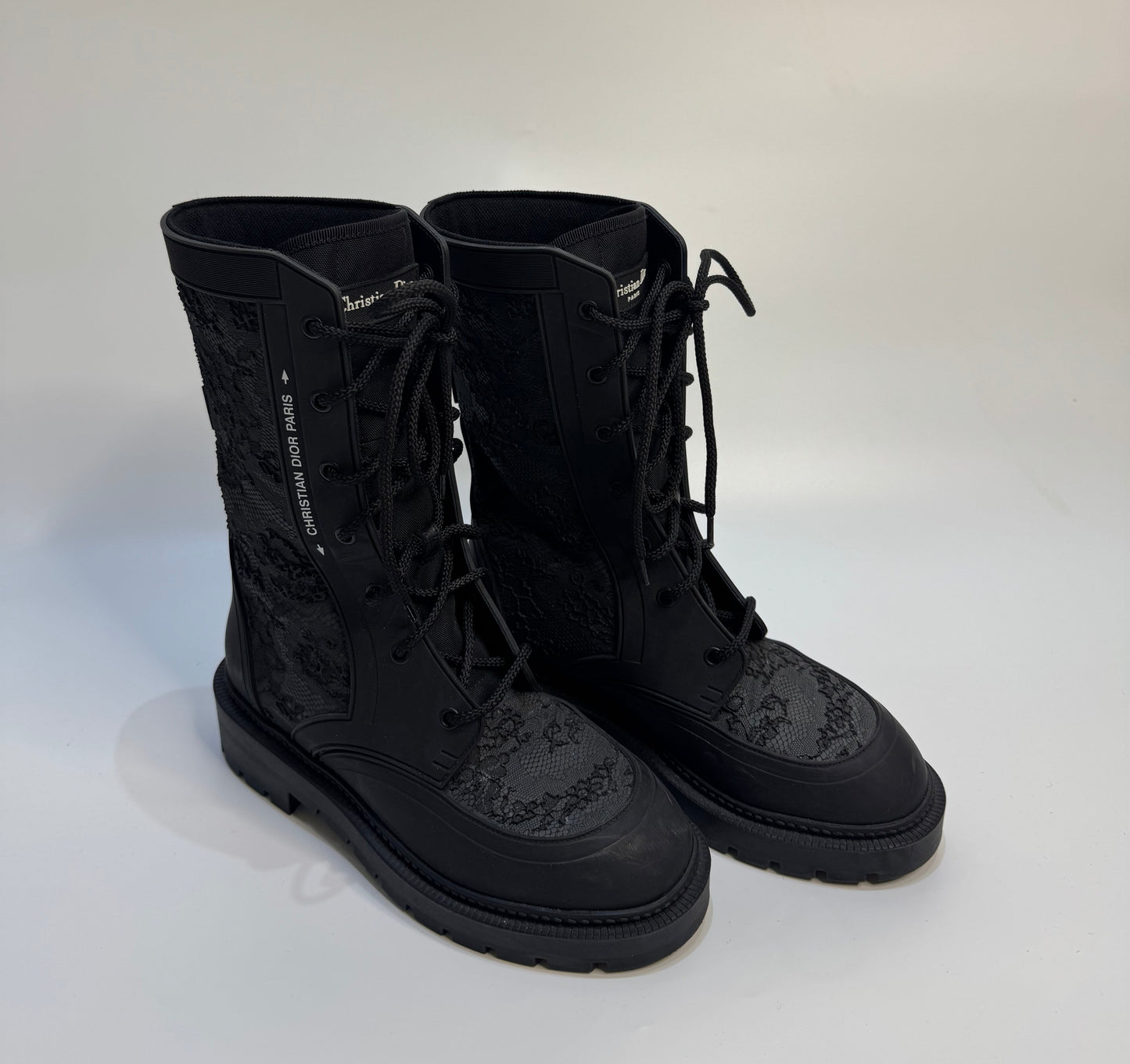 Christian Dior Black Lace Rubber Combat Boots Size 38