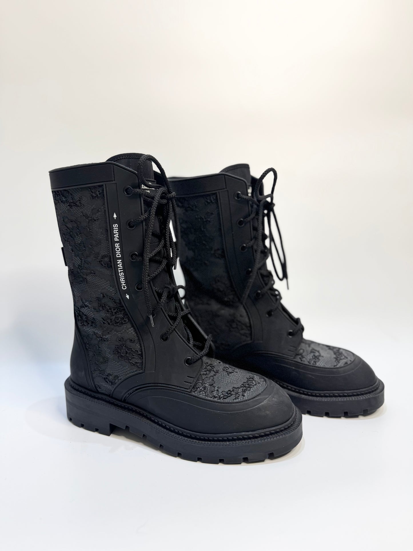 Christian Dior Black Lace Rubber Combat Boots - Size 38 | Authentic Designer Footwear Made in Italy