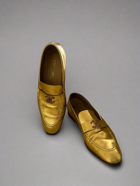 Chanel Metallic Gold Loafers – Size 38.5, Made in Italy | Iconic Luxury Shoes