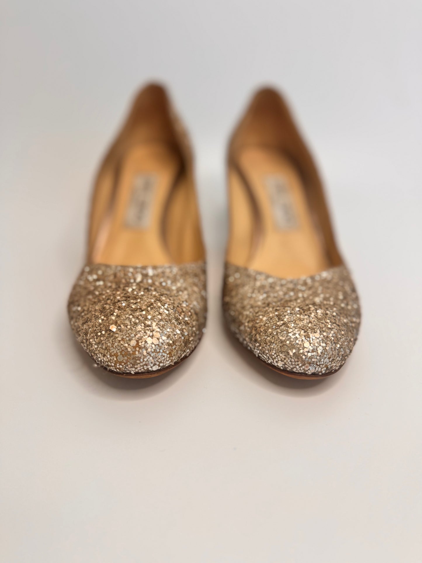 JIMMY CHOO Metallic Gold Coarse Glitter Billie Block Heel Pumps Size 38