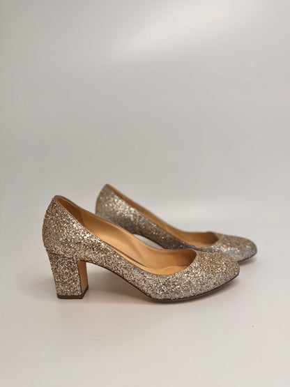 JIMMY CHOO Metallic Gold Coarse Glitter Billie Block Heel Pumps Size 38