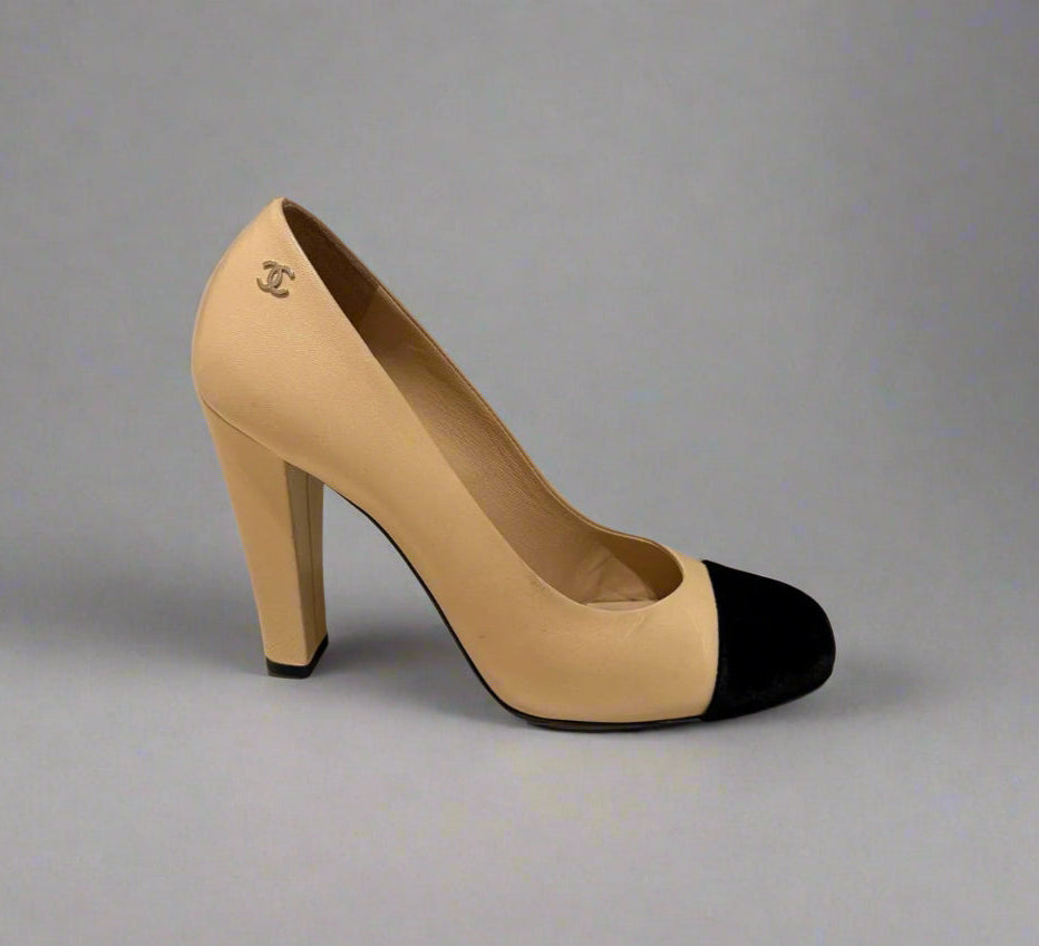 CHANEL Cap-Toe Two-Tone Pumps – Size 38C | Black Velvet & Beige Leather | Luxury Designer Shoes