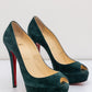 CHRISTIAN LOUBOUTIN Green Suede Red Bottom Open-Toed Pumps | Size IT 37.5 | Very Good Condition | Made in Italy
