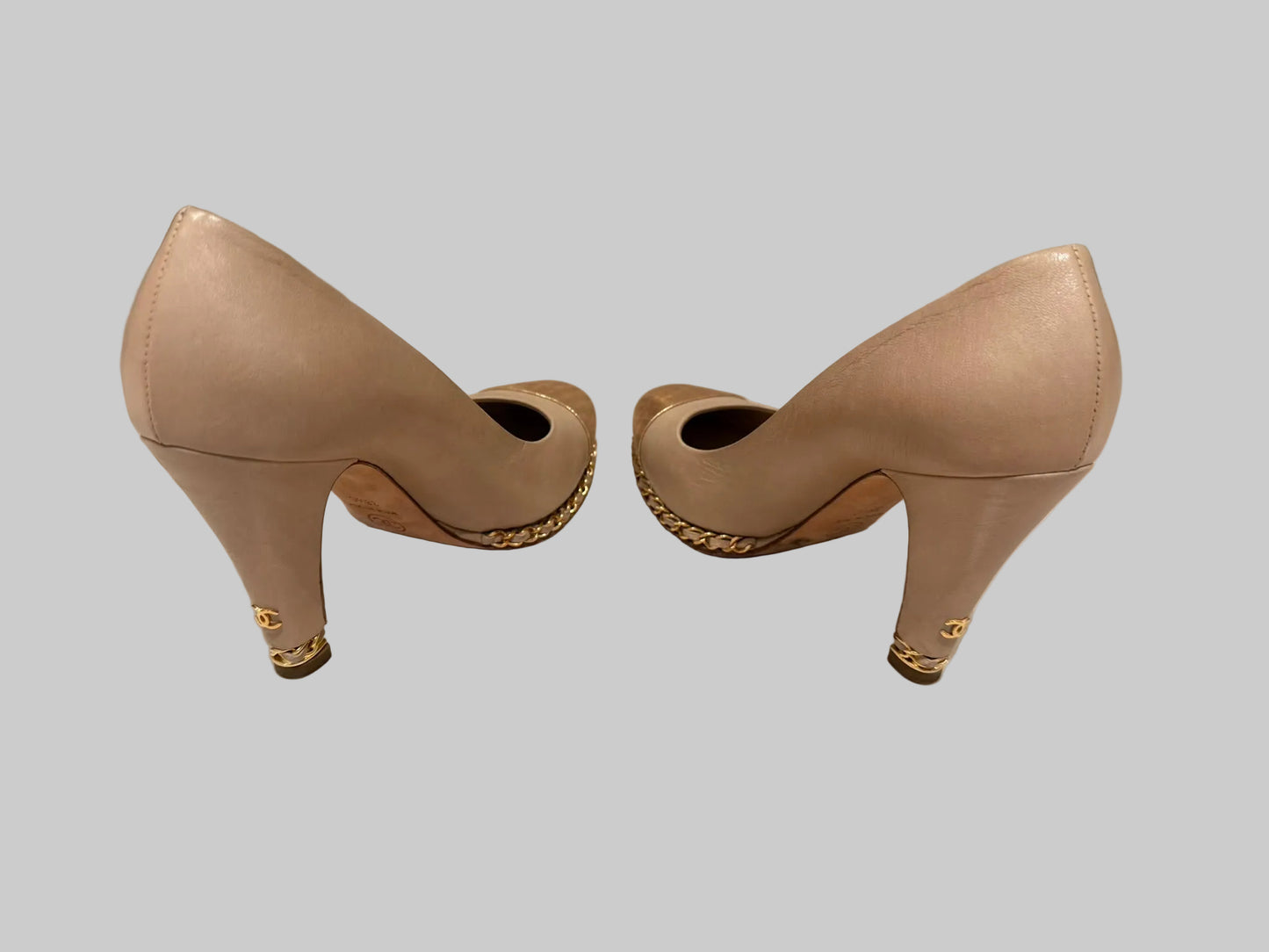 Authentic CHANEL Beige Metallic Gold Leather Cap Toe Chain Pumps IT 38.5 C Excellent Condition
