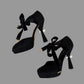Authentic LOUIS VUITTON black suede pearl heel platform pumps with velvet ankle ties