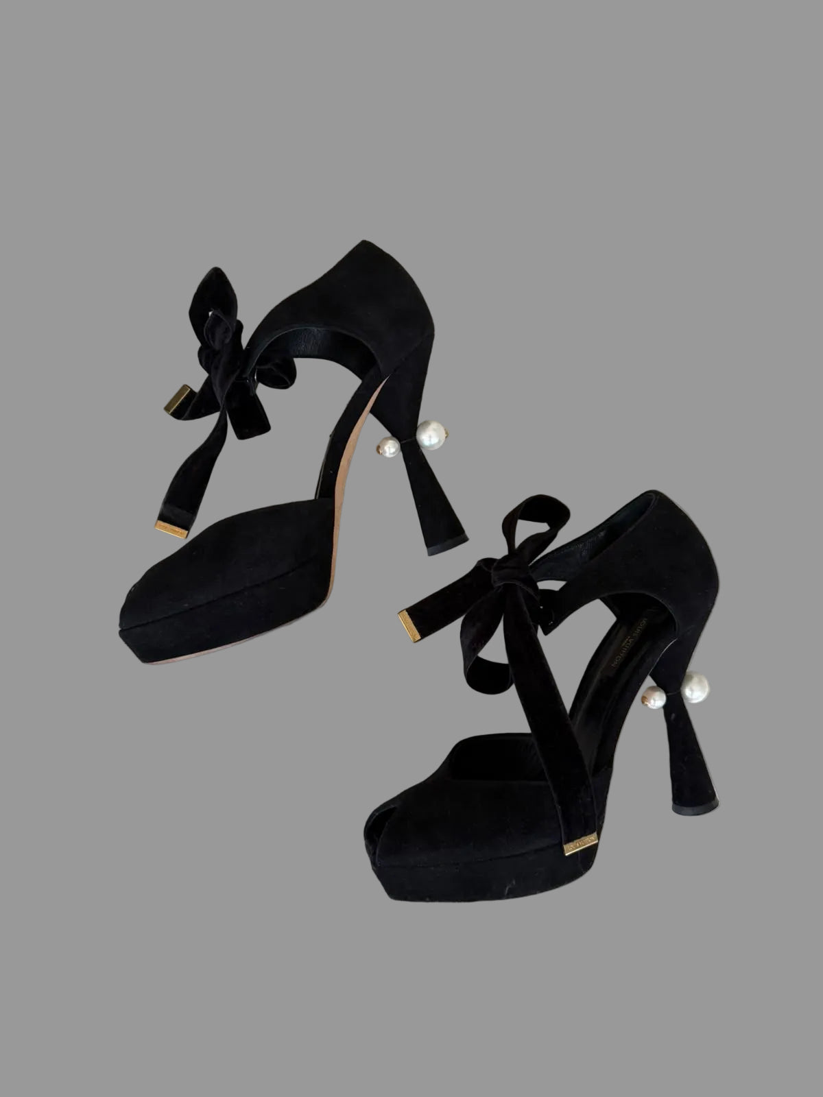 Authentic LOUIS VUITTON black suede pearl heel platform pumps with velvet ankle ties
