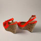 CHRISTIAN LOUBOUTIN Neon Orange Leather Une Plume Cork Wedge Platform Peep Toe Slingback Sandals Size 38