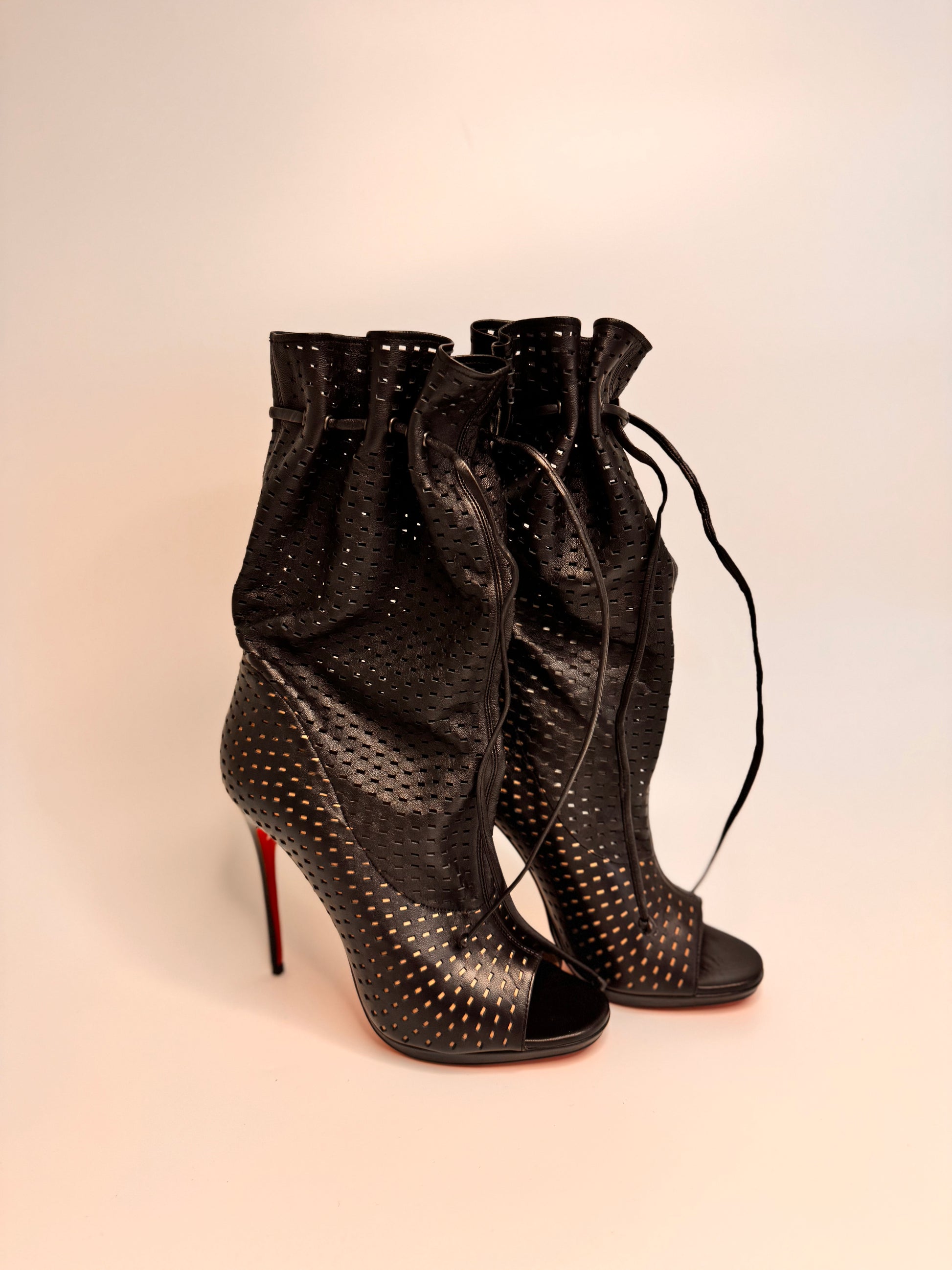 CHRISTIAN LOUBOUTIN Jennifer Perforated Black Leather Boots - New, Size 38