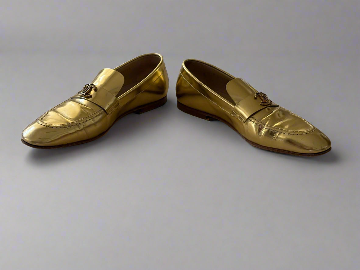 Chanel Metallic Gold Loafers – Size 38.5, Made in Italy | Iconic Luxury Shoes