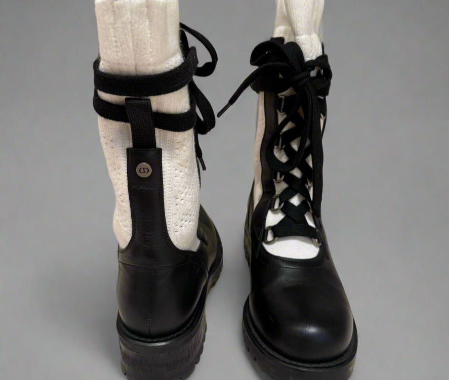 Christian Dior Black Leather & White Knit Lace-Up Combat Boots, Size 38 – Luxury Designer Footwear with Strap Details