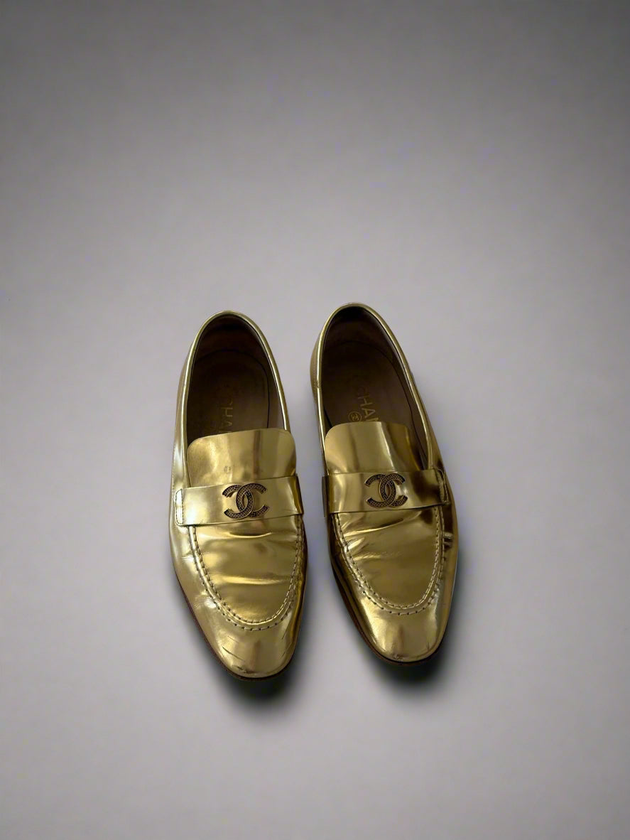 Chanel Metallic Gold Loafers – Size 38.5, Made in Italy | Iconic Luxury Shoes