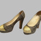 CHANEL Gold & Woven Tweed Round Toe Platform Pumps