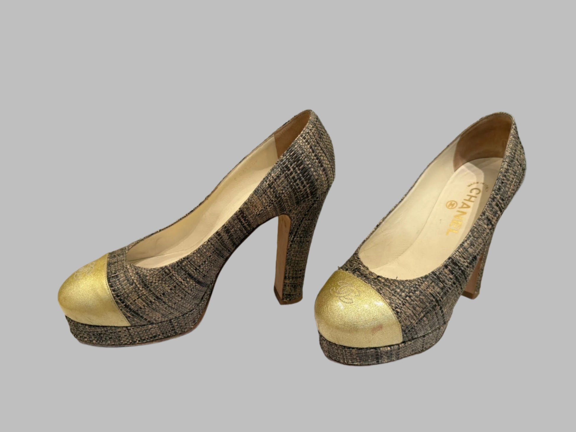 CHANEL Gold & Woven Tweed Round Toe Platform Pumps