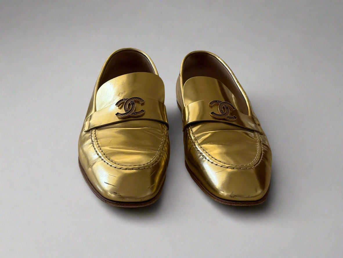 Chanel Metallic Gold Loafers – Size 38.5, Made in Italy | Iconic Luxury Shoes