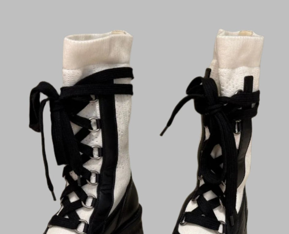 CHRISTIAN DIOR Black Leather & White Knit Lace-Up Combat Boots – Size 38 | Luxury Designer Footwear