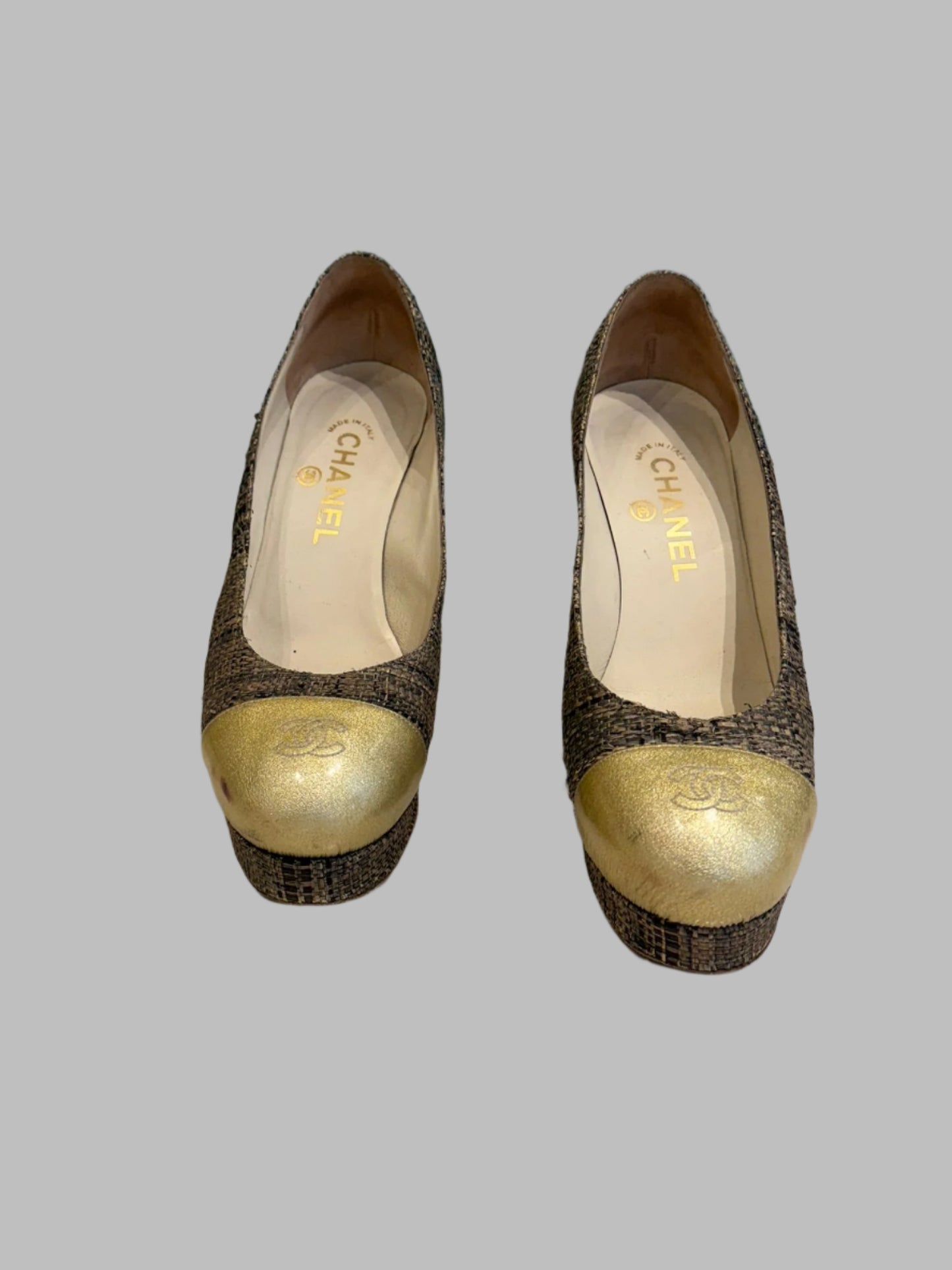 CHANEL Gold Leather & Woven Jute Round Toe Platform Pumps Size 37.5