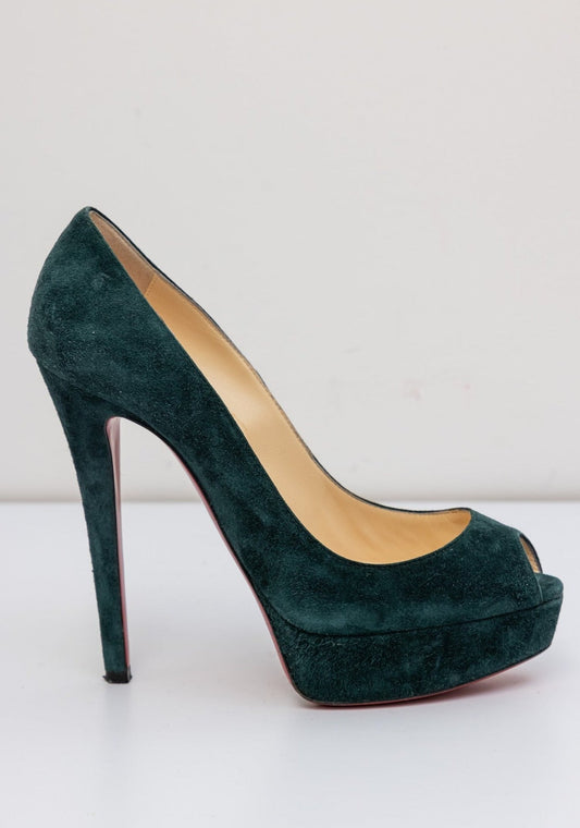 CHRISTIAN LOUBOUTIN Green Suede Red Bottom Open-Toed Pumps | Size IT 37.5 | Very Good Condition | Made in Italy