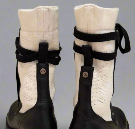 CHRISTIAN DIOR Black Leather & White Knit Lace-Up Combat Boots – Size 38 | Luxury Designer Footwear