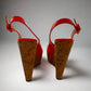 CHRISTIAN LOUBOUTIN Neon Orange Leather Une Plume Cork Wedge Platform Peep Toe Slingback Sandals Size 38