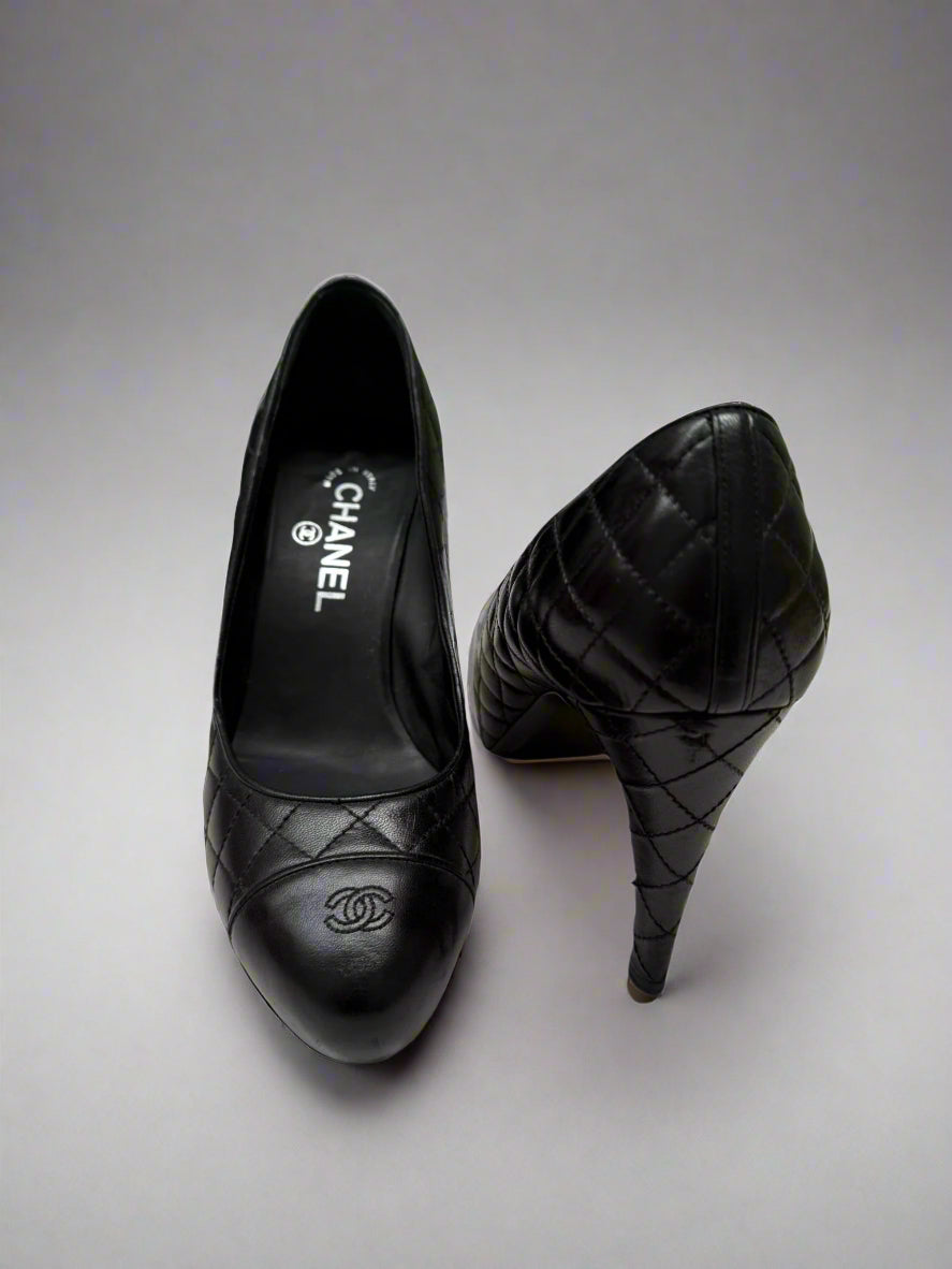 CHANEL Black Quilted Leather High Heels, Size 38 C - Timeless Elegance